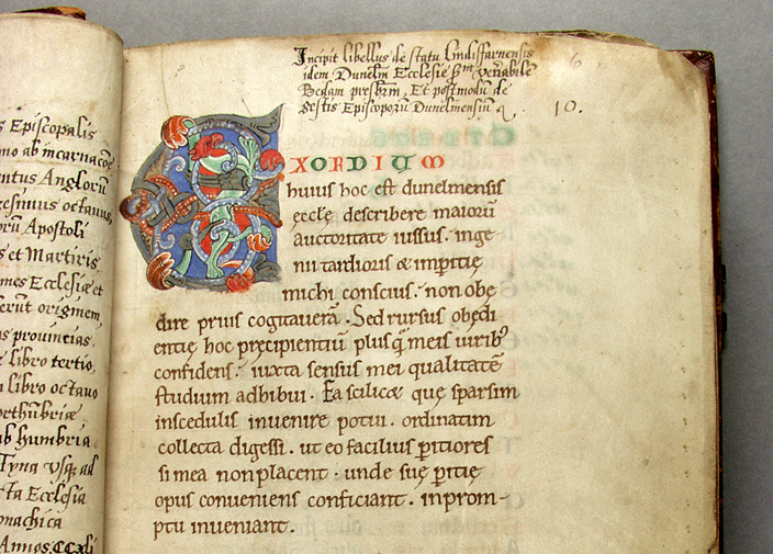 Detail from a 12th century manuscript written in Durham by Symeon, a monk at the Cathedral, entitled "A Tract on the Origins and Progress of this the Church of Durham." It is an essential work on the history of Durham which passed hands over the centuries and found its way into John Cosin's library by 1668.